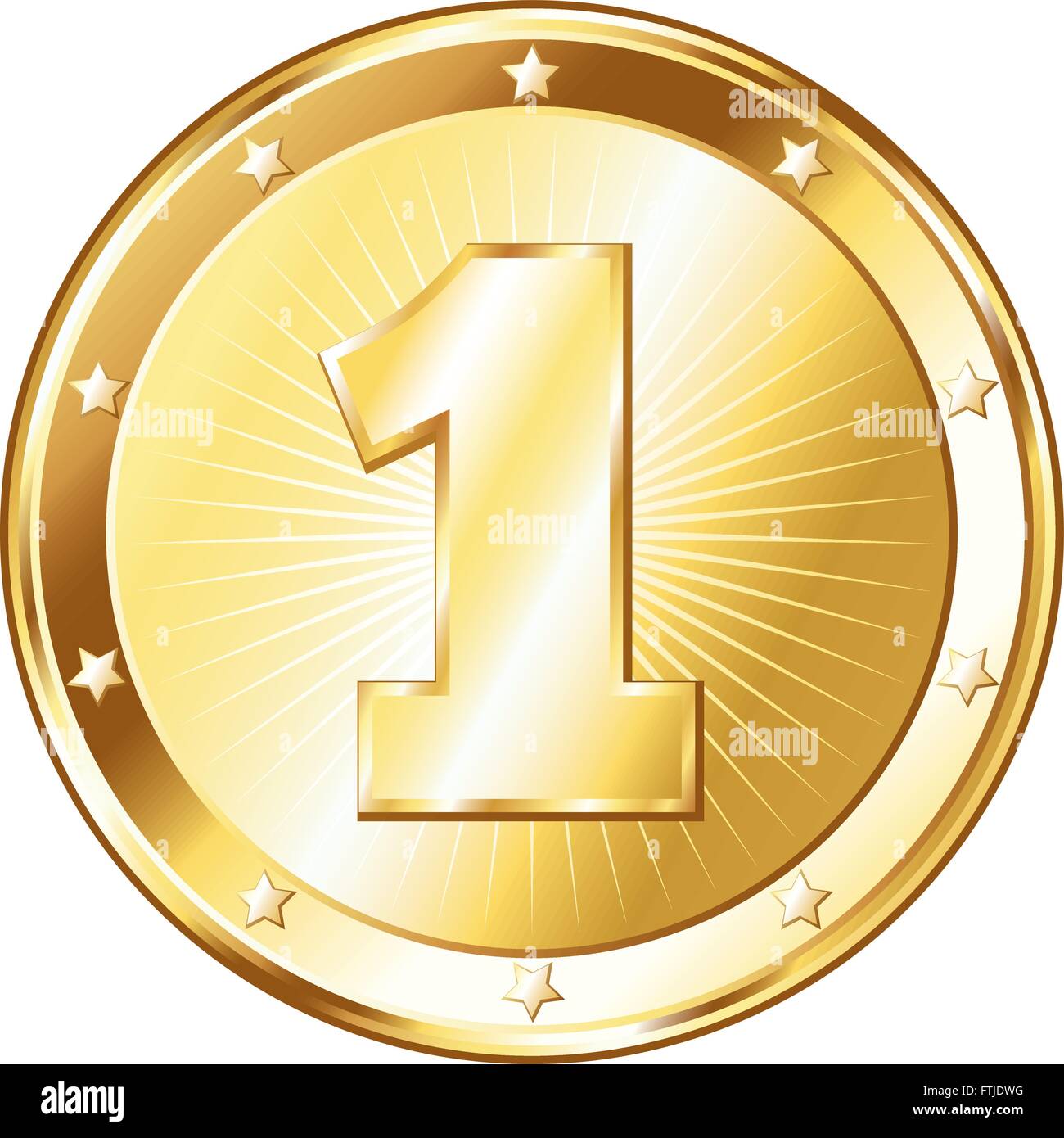 Round circle shaped metal badge / seal of approval in a gold look and the number one. Stock Vector