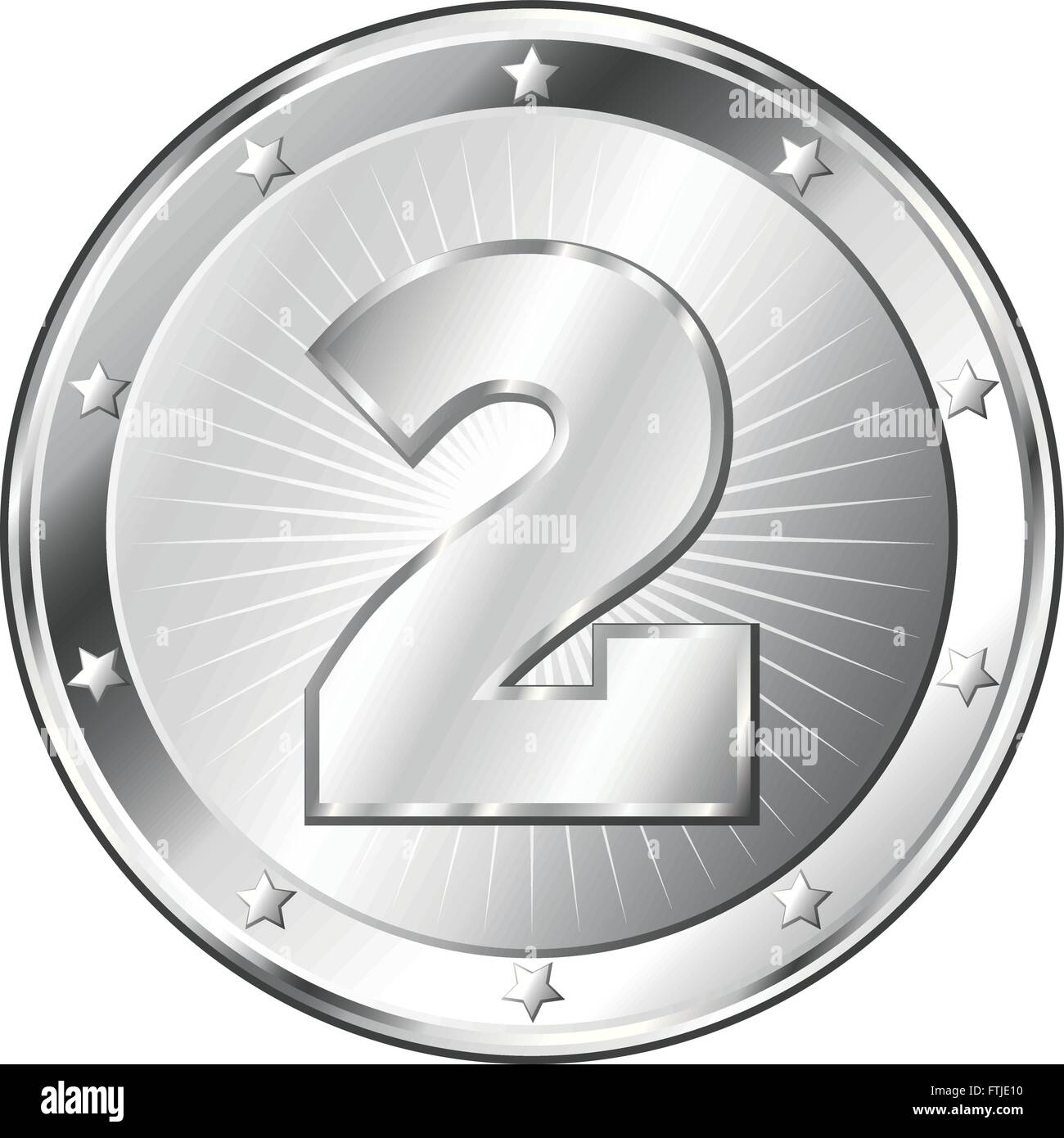 Round circle shaped metal badge / seal of approval in silver look and the number two. Stock Vector