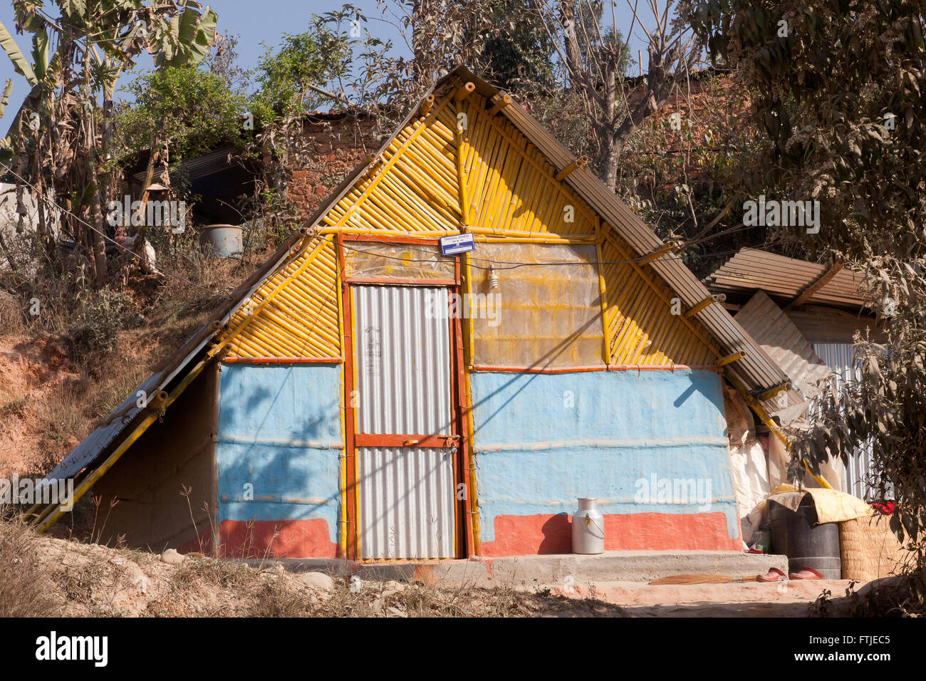 Transitional shelter built by the Chaudry Foundation, nr Phataksila, Nepal Stock Photo