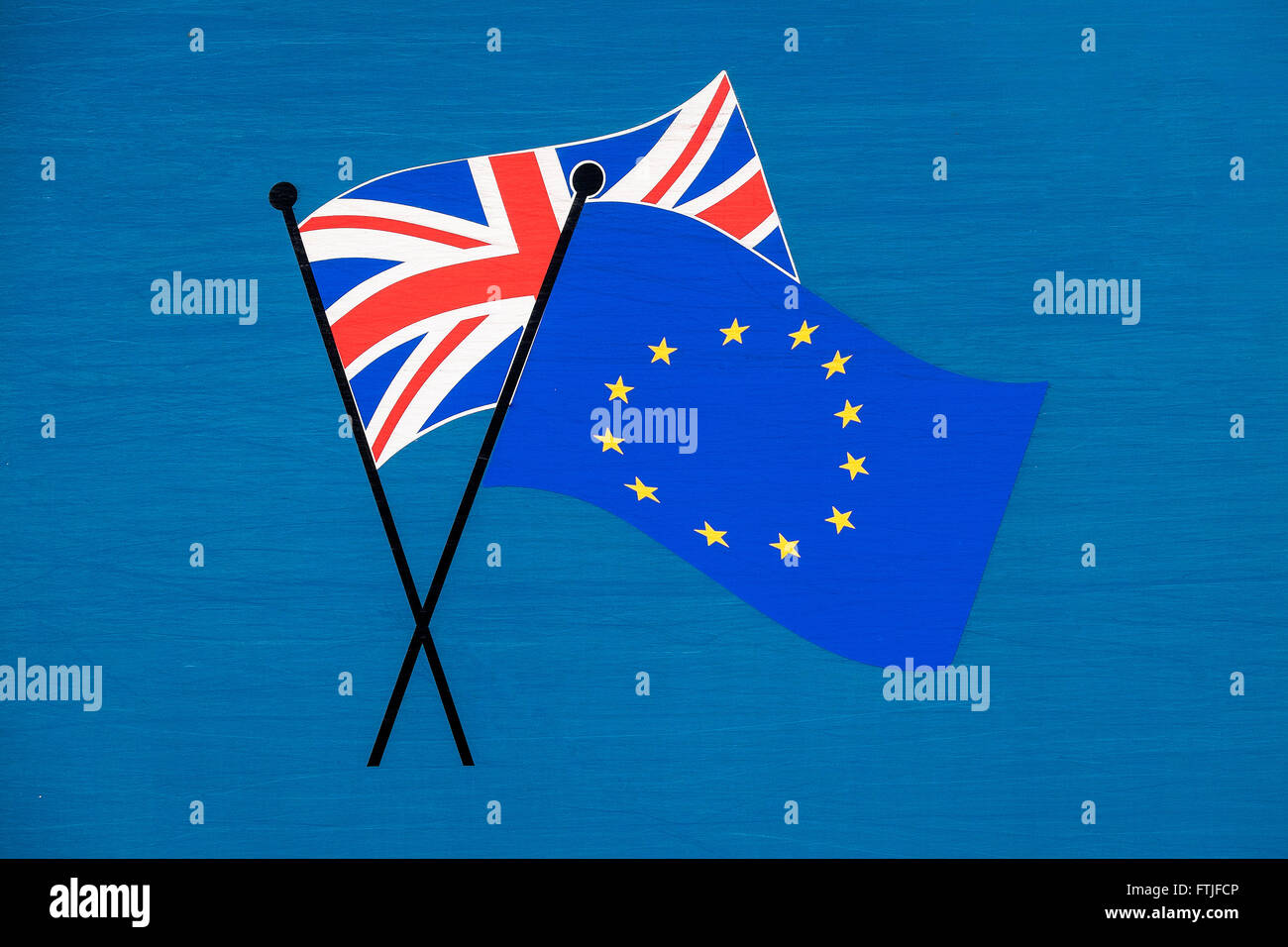 The hand painted emblem of a Union Flag together with a European Union flag Brexit. Stock Photo