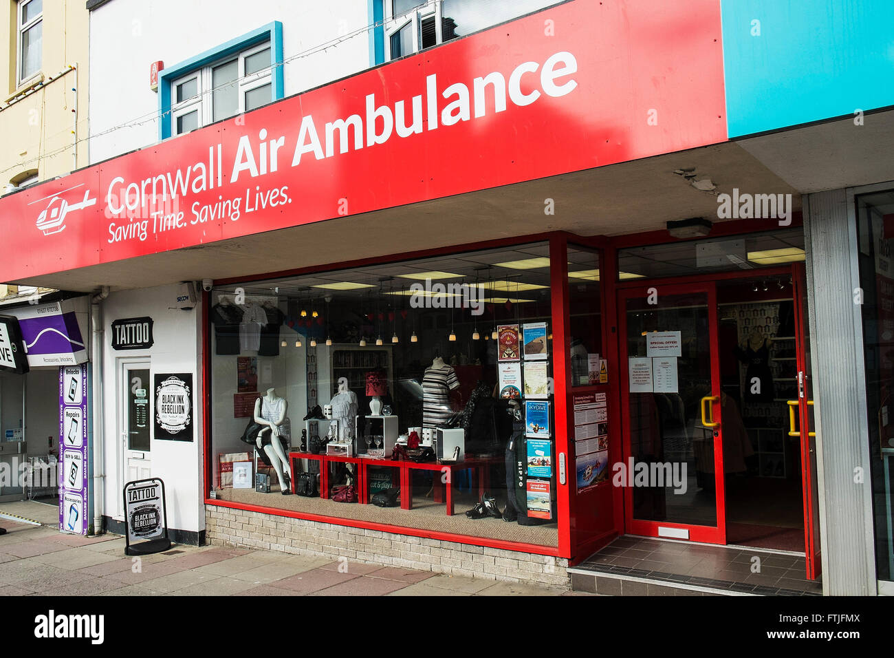 The Cornwall Air Ambulance charity shop in Newquay, Cornwall. Stock Photo