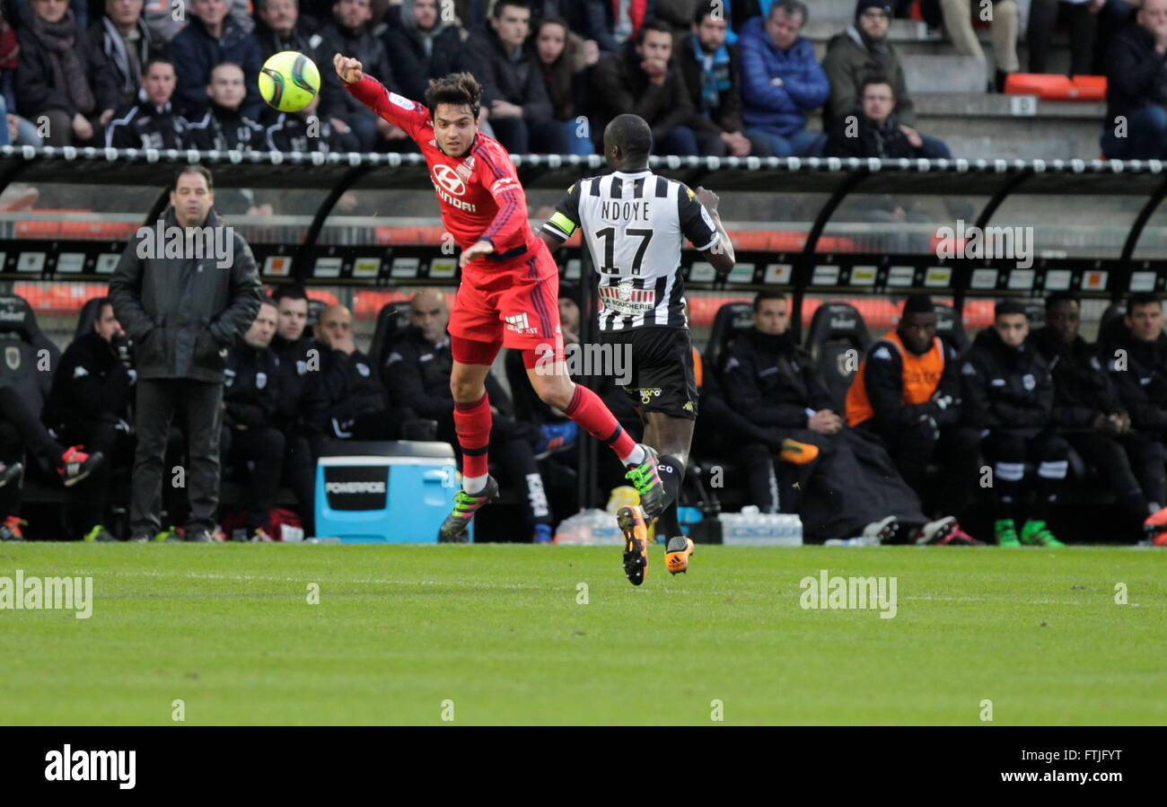 Angers, France, February 6, 2016: Ligue 1 Clément Grenier action at dumatch between SCO Angers - Olympique Lyonnais Stock Photo