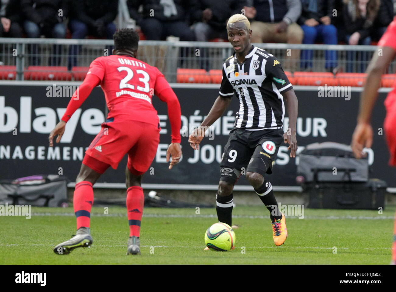 Angers, France, February 6, 2016: Ligue 1  action at du match between SCO Angers - Olympique Lyonnais Stock Photo
