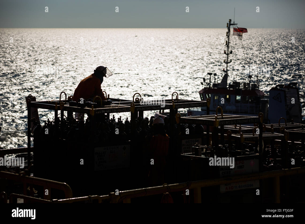 Offshore worker welding Stock Photo