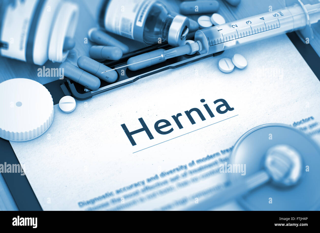 Hernia - Medical Report with Composition of Medicaments - Pills, Injections and Syringe. Diagnosis - Hernia On Background of Med Stock Photo