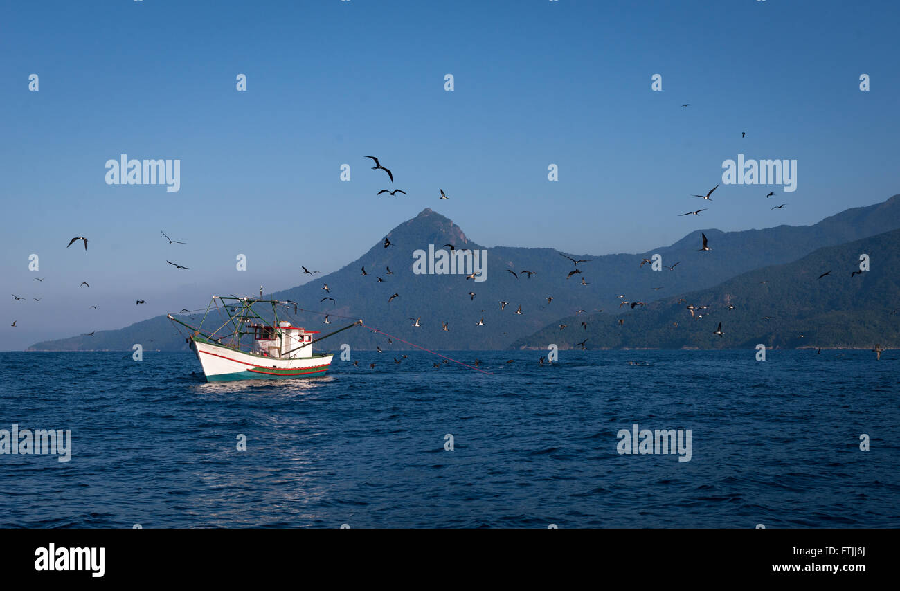 A fishing boat dragging a shrimp net off Ilhabela, SE Brazil. Birds like boobies and frigatebirds are following to get the scrap Stock Photo