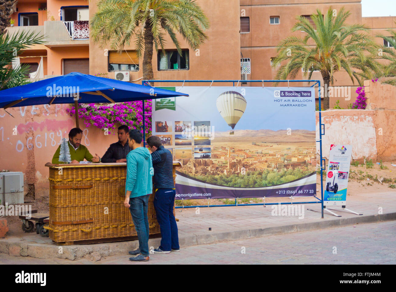 Hot air balloon booking desk, outside Jardin Majorelle, Gueliz, Ville Nouvelle, Marrakesh, Morocco, northern Africa Stock Photo