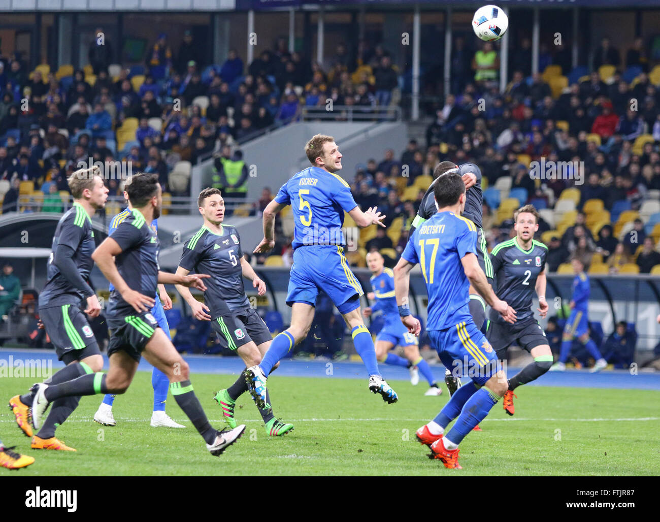 Kyiv, Ukraine. 28th March, 2016. Players of Ukraine National team (in Blue) attack during the Friendly match against Wales at NSC Olympic stadium in Kyiv, Ukraine. Ukraine won 1-0. Credit:  Oleksandr Prykhodko/Alamy Live News Stock Photo