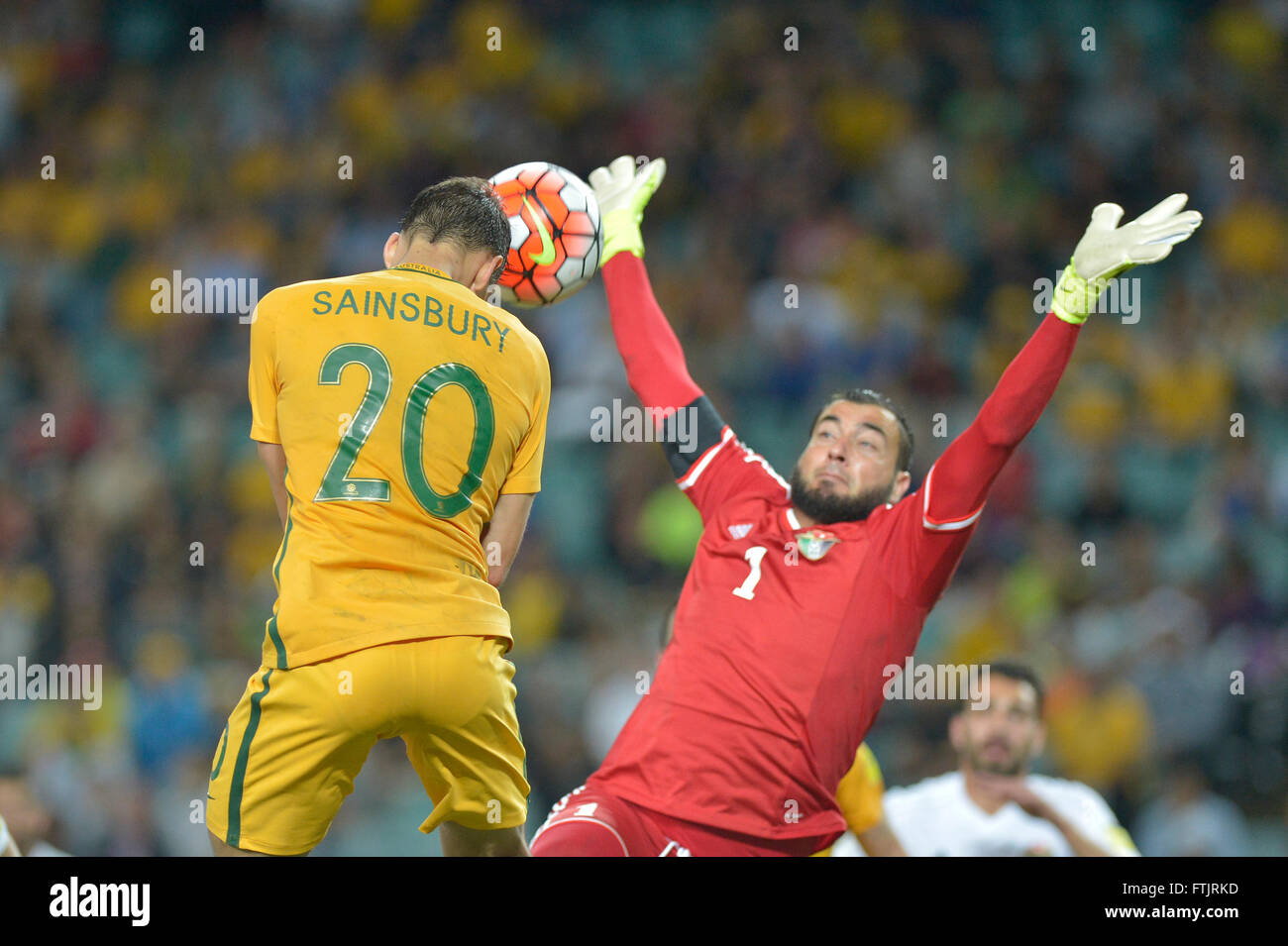 Allianz Stadium, Sydney, Australia. 29th Mar, 2016. Football 2018 World Cup  Qualification match Australia versus Jordan. Australian defender Trent  Sainsbury sees his header saved by Jordan goalkeeper Amer Shafi. Australia  won 5-1.