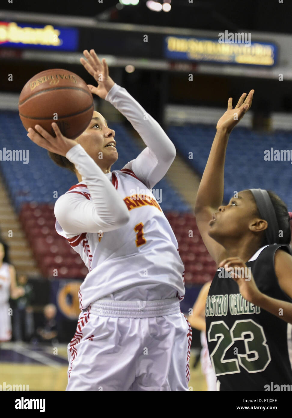 Sacramento, CA, USA. 19th Mar, 2016. St. Francis High School Troubadours Tia Hay (1), shoots the ball during the fourth quarter as the St. Francis High School Troubadours plays the Castro Valley Trojans for the CIF Northern California Regional Girls Division I championship at Sleep Train Arena, Saturday Mar 19, 2016.photo by Brian Baer © Brian Baer/Sacramento Bee/ZUMA Wire/Alamy Live News Stock Photo
