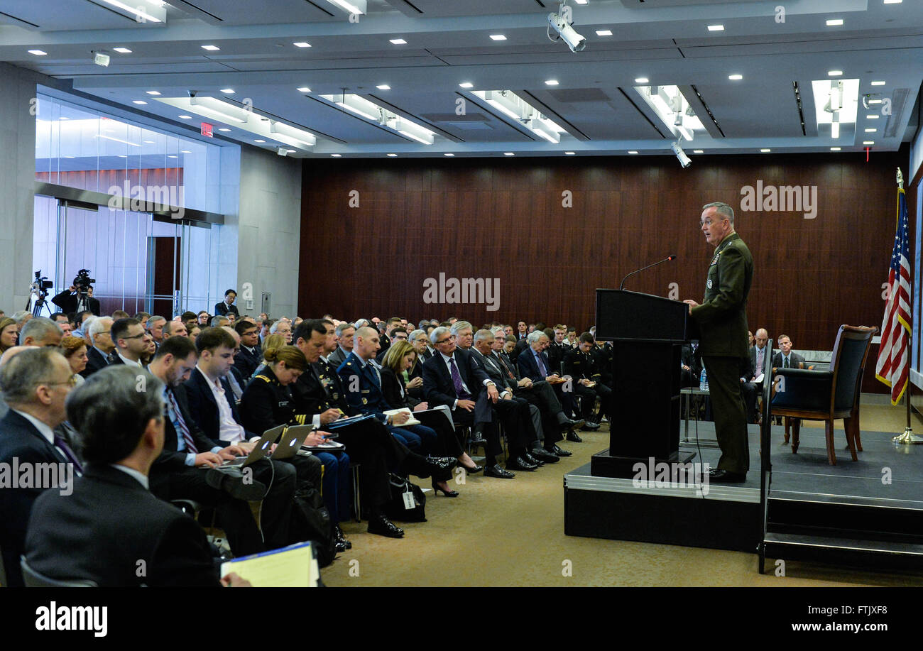 Washington, DC, USA. 29th Mar, 2016. U.S. Joint Chiefs of Staff Chairman Joseph Dunford speaks at the Center for Strategic and International Studies (CSIS) on global security challenges in Washington, DC, capital of the United States, March 29, 2016. © Bao Dandan/Xinhua/Alamy Live News Stock Photo