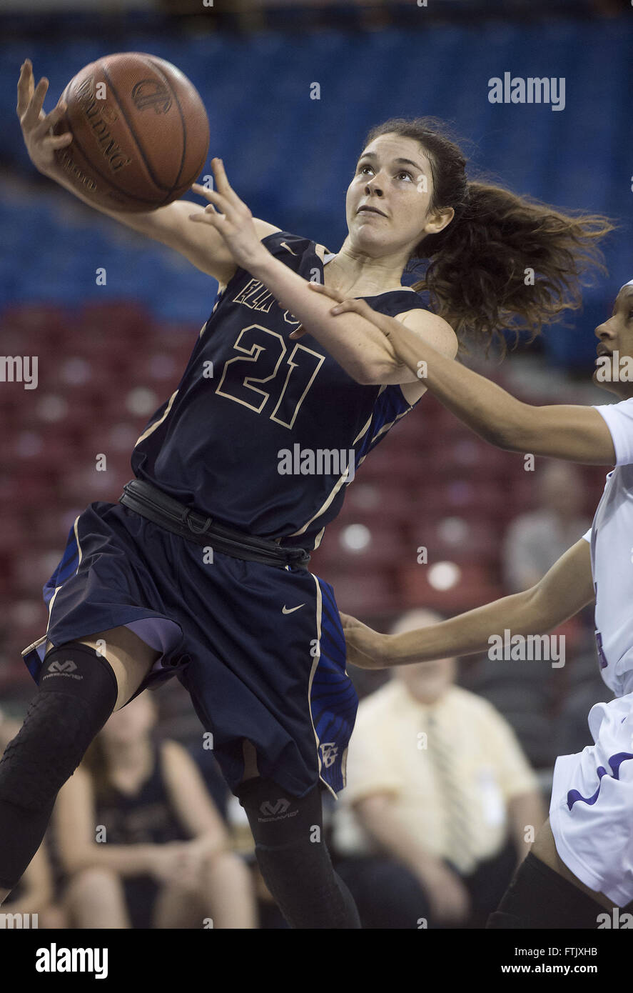 Sacramento, California, USA. 19th Mar, 2016. Thundering Herd Mira Shulman (21) is fouled while shooting during the CIF Northern California Regional championship girls Division II game between the Sacramento High School Dragons and the Elk Grove High School Thundering Herd at Sleep Train Arena in Sacramento Saturday, March 19, 2016. The Thundering Herd won the game 46-45. © Randall Benton/Sacramento Bee/ZUMA Wire/Alamy Live News Stock Photo