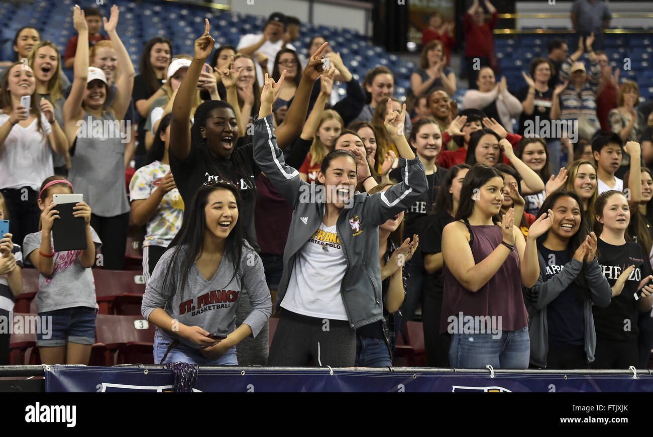 Sacramento, CA, USA. 19th Mar, 2016. The St. Francis High School Troubadours fans celebrate their 66-52 win over the Castro Valley Trojans for the CIF Northern California Regional Girls Division I championship at Sleep Train Arena, Saturday Mar 19, 2016.photo by Brian Baer © Brian Baer/Sacramento Bee/ZUMA Wire/Alamy Live News Stock Photo