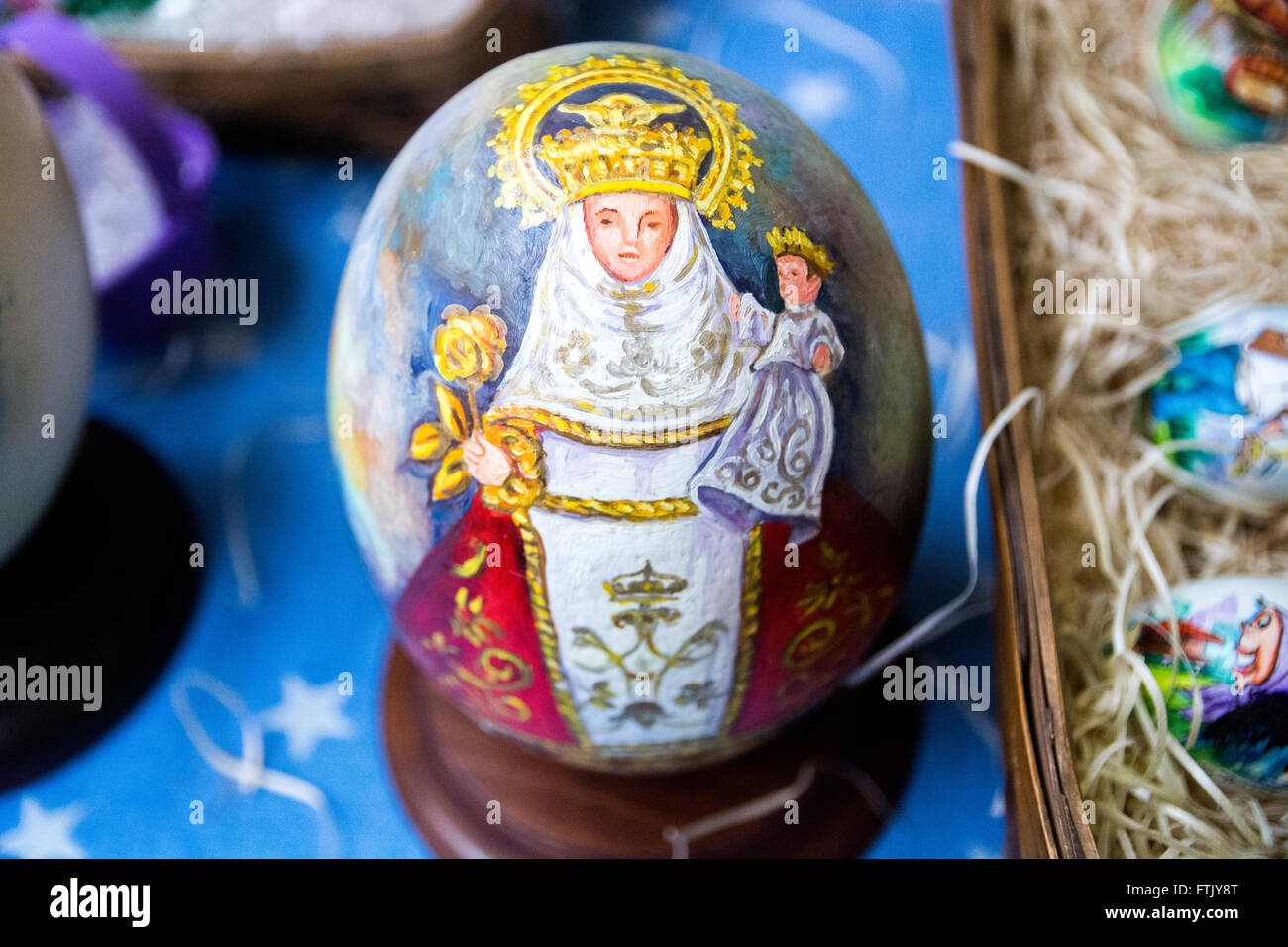 Pola de Siero, Spain. 29th March, 2016. A painted goose egg which represents the Virgin of Covadonga pictured at the Feast of Easter Eggs of Pola de Siero, the only Spanish city in which this feast is celebrated, on the first Tuesday after Easter Sunday, with thousands of eggs painted by hand. © David Gato/Alamy Live News Stock Photo