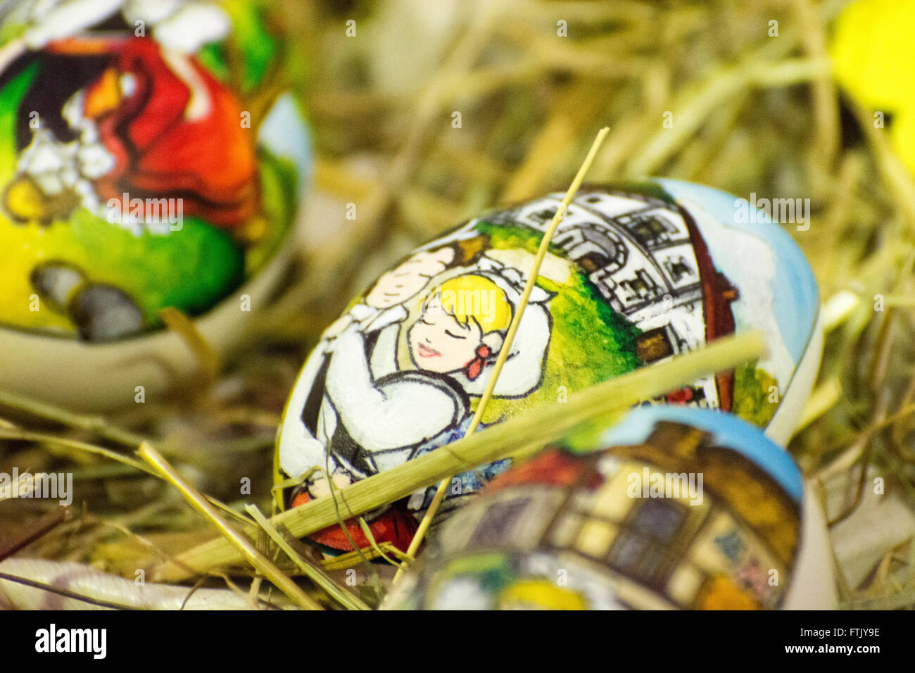 Pola de Siero, Spain. 29th March, 2016. A painted goose egg which represents an Asturian scene at the Feast of Easter Eggs of Pola de Siero, the only Spanish city in which this feast is celebrated, on the first Tuesday after Easter Sunday, with thousands of eggs painted by hand. © David Gato/Alamy Live News Stock Photo