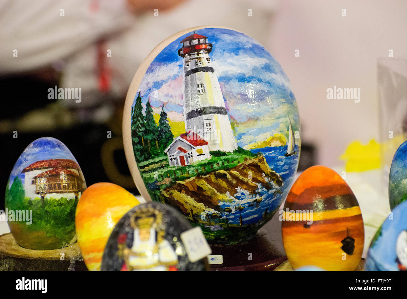 Pola de Siero, Spain. 29th March, 2016. A painted goose egg which represents a lighthouse at the Feast of Easter Eggs of Pola de Siero, the only Spanish city in which this feast is celebrated, on the first Tuesday after Easter Sunday, with thousands of eggs painted by hand. © David Gato/Alamy Live News Stock Photo