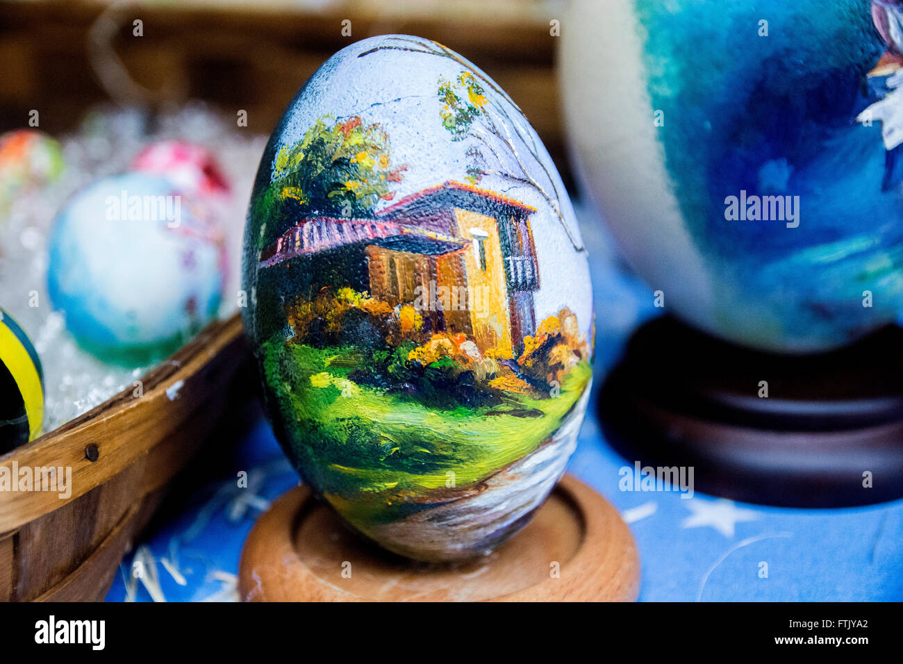 Pola de Siero, Spain. 29th March, 2016. A painted hen egg which represents a country house at the Feast of Easter Eggs of Pola de Siero, the only Spanish city in which this feast is celebrated, on the first Tuesday after Easter Sunday, with thousands of eggs painted by hand. © David Gato/Alamy Live News Stock Photo