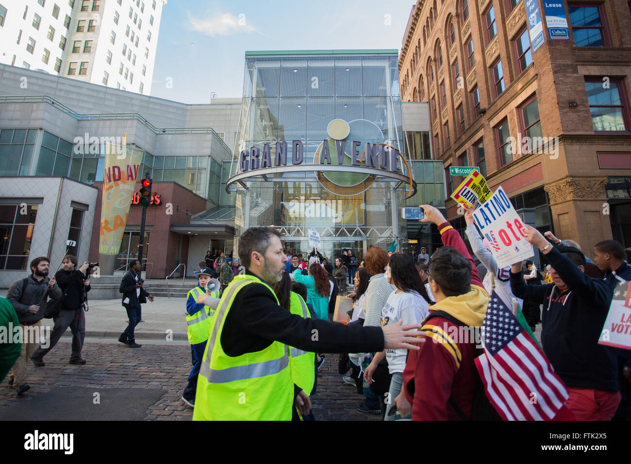 Milwaukee, WI. March 29th, 2016. Protesters took to the streets of downtown Milwaukee crossing right in front of the Grand Avenue Mall. Credit:  Jonah White/Alamy Live News Stock Photo