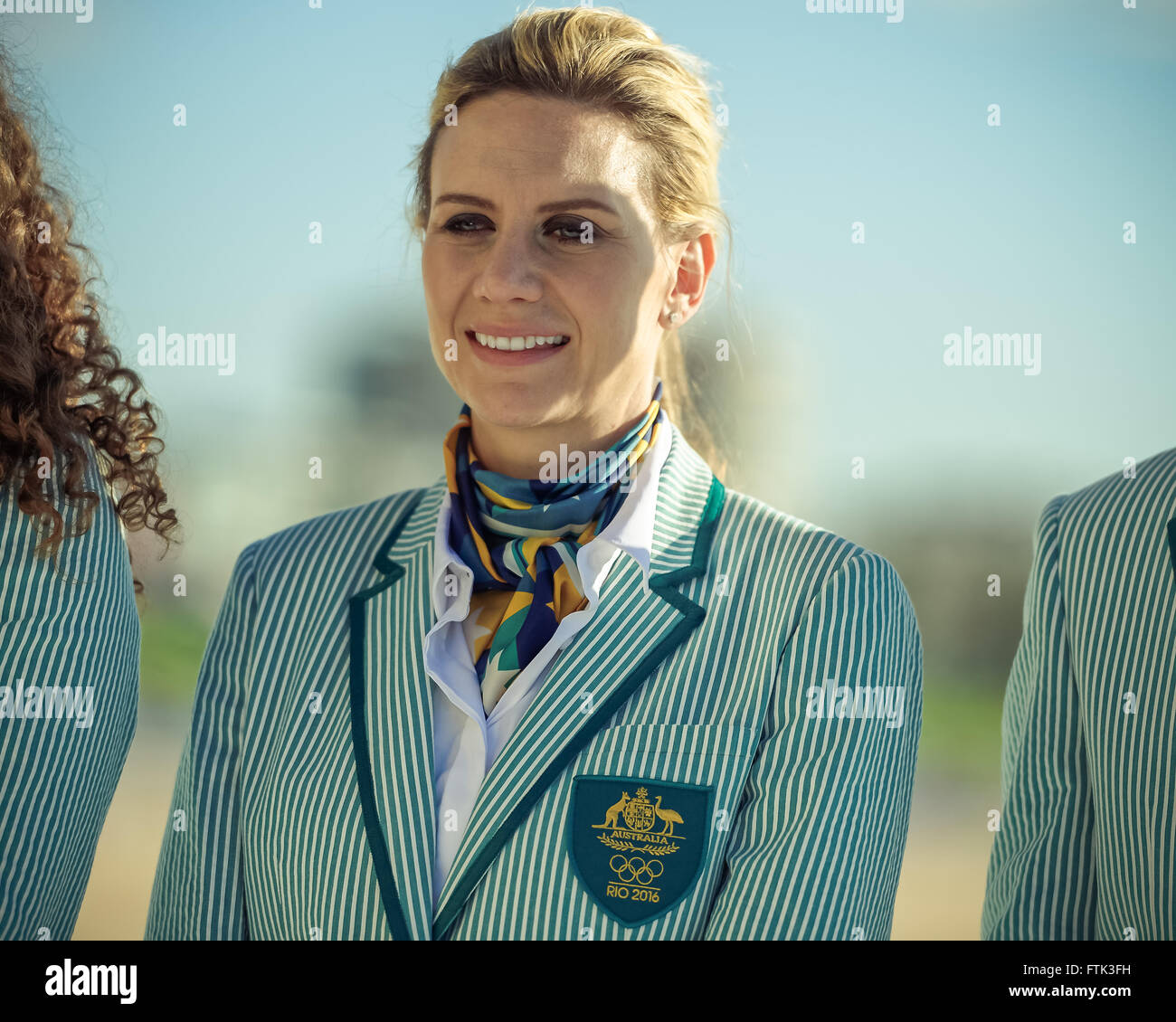 Sydney, Australia. 30th Mar, 2016. Penny Taylor, Women's Basketball olympic medalist poses in her Australian opening ceremony uniform during the 2016 Australian Olympic Team Uniform Official Launch on March 30, 2016 in Sydney, Australia. Credit:  Hugh Peterswald/Pacific Press/Alamy Live News Stock Photo