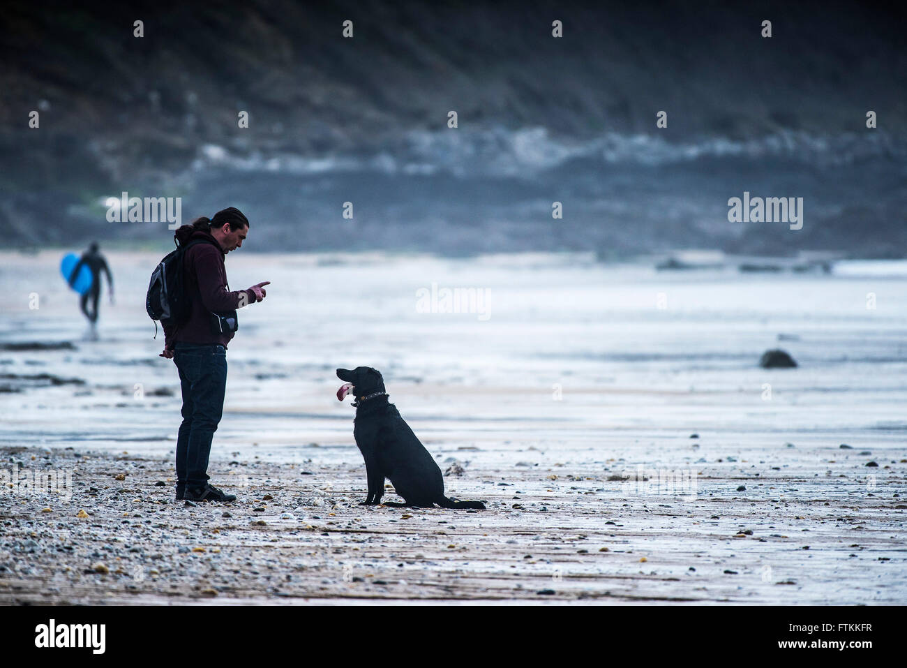 A man and his dog at Fistral Beach in Newquay, Cornwall. Stock Photo