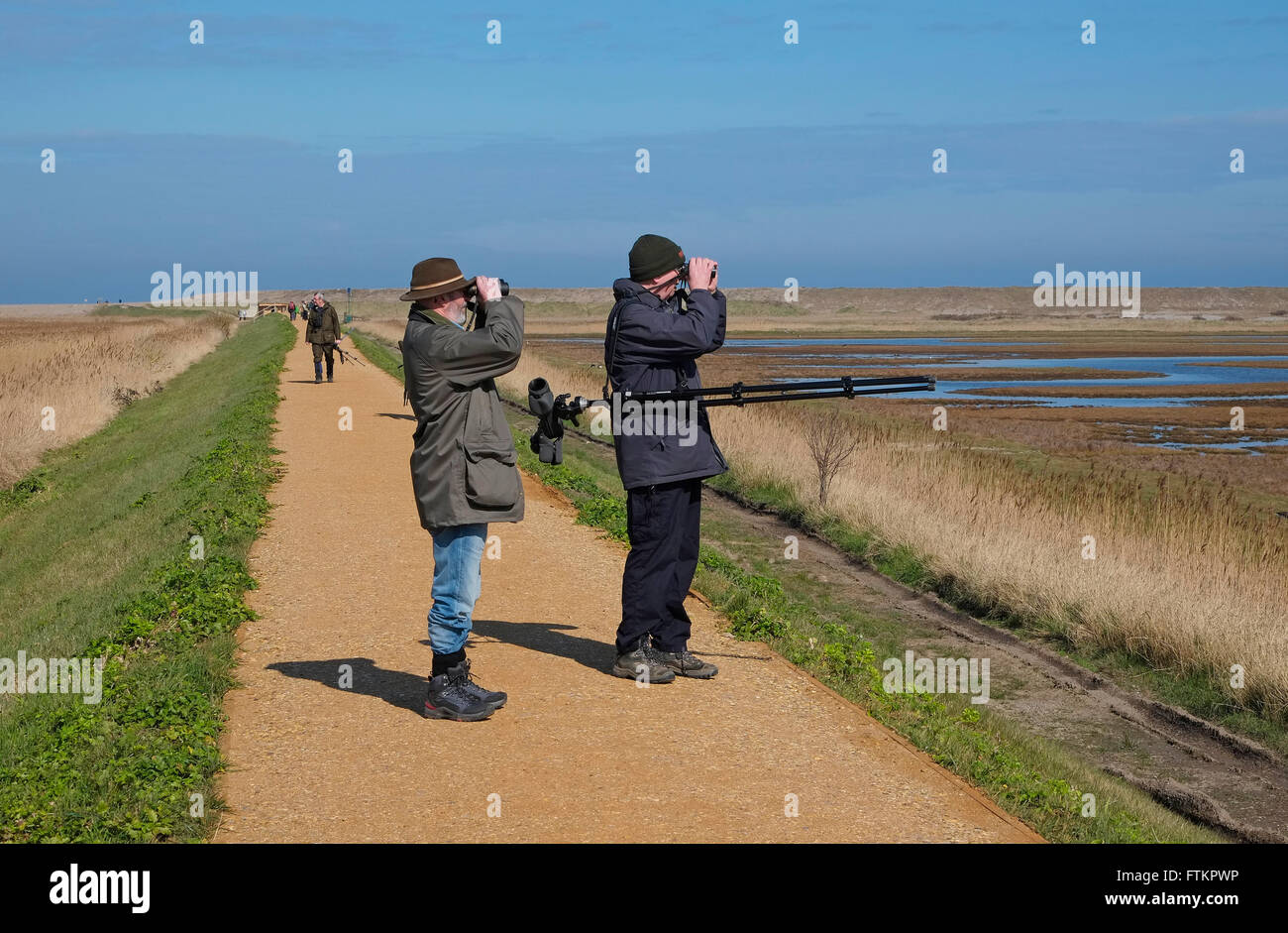 people birdwatching at cley nature reserve, north norfolk, england Stock Photo
