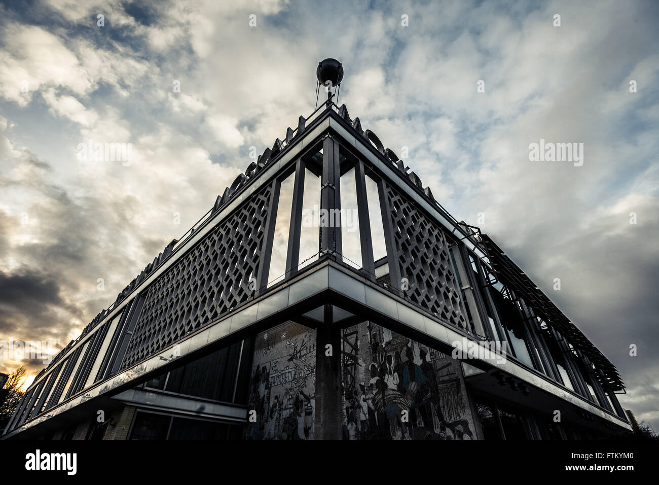 The corner of Cafe Moskau (Cafe Moscow) in Berlin, Germany with life-size Sputnik Stock Photo