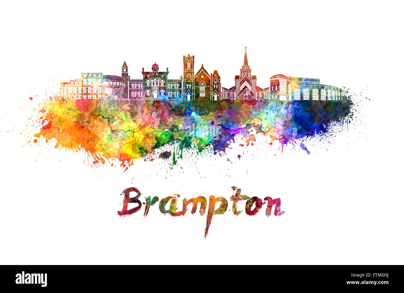 Brampton skyline in watercolor splatters with clipping path Stock Photo