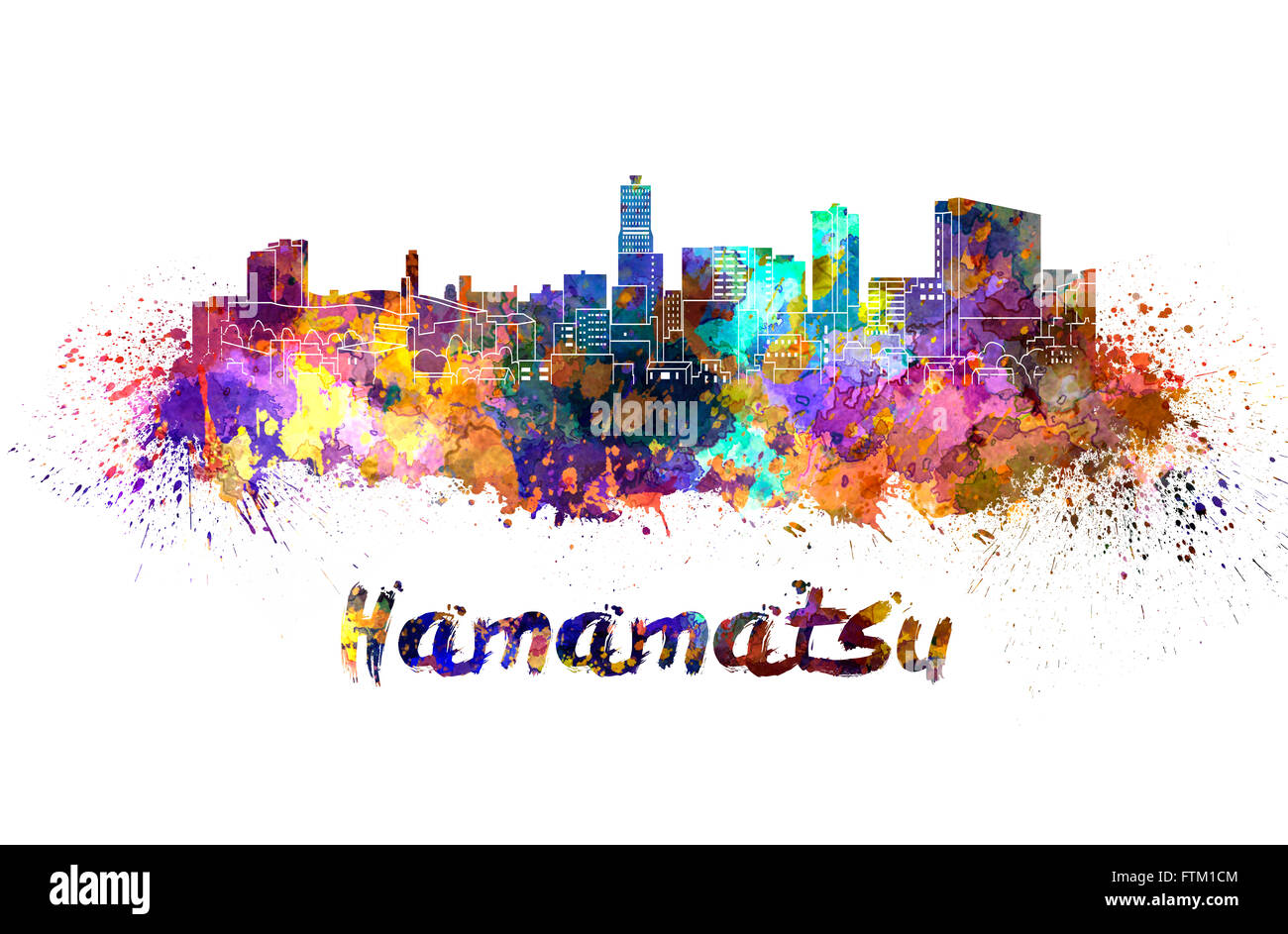 Hamamatsu skyline in watercolor splatters with clipping path Stock Photo