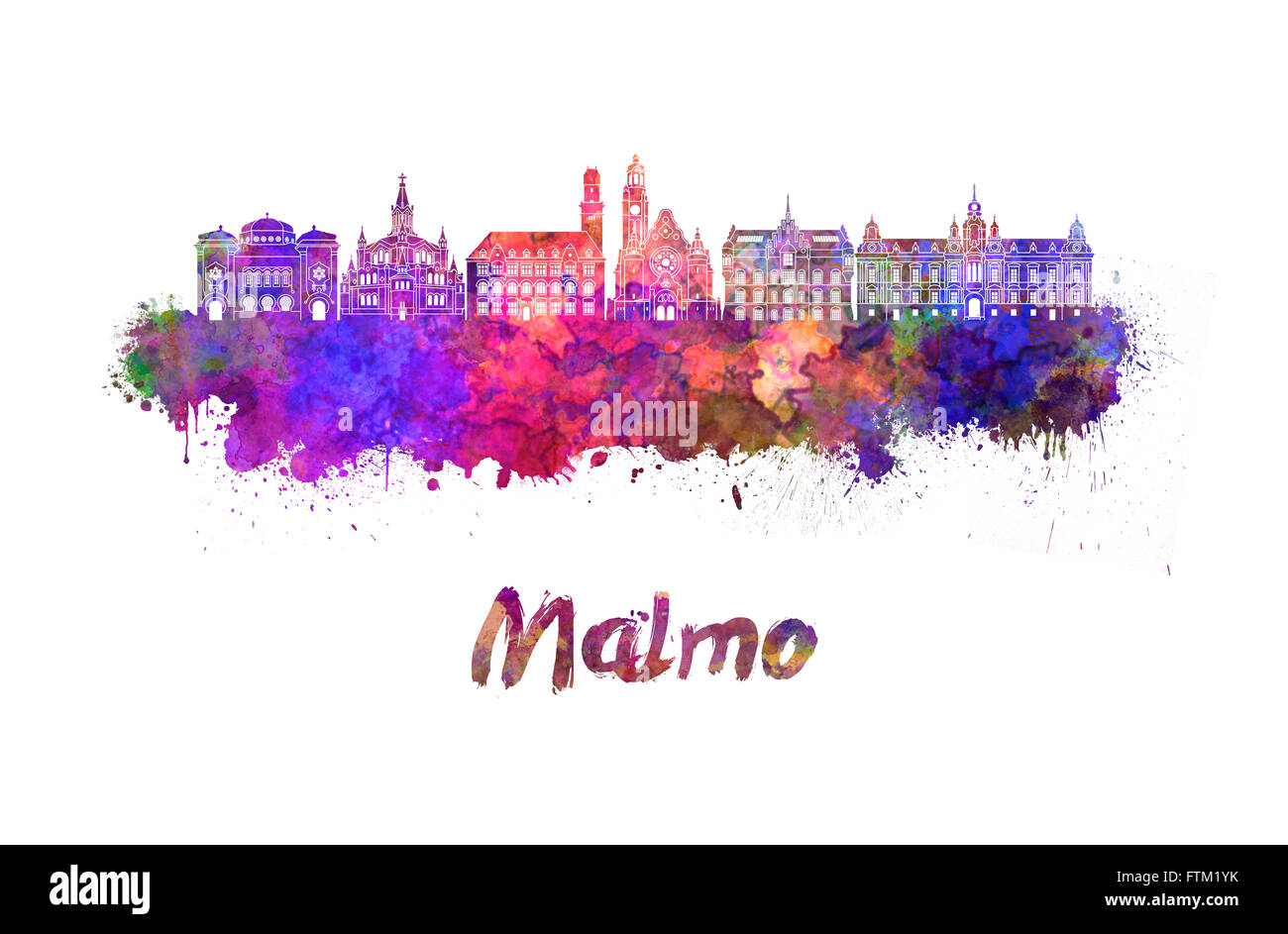 Malmo skyline in watercolor splatters with clipping path Stock Photo ...