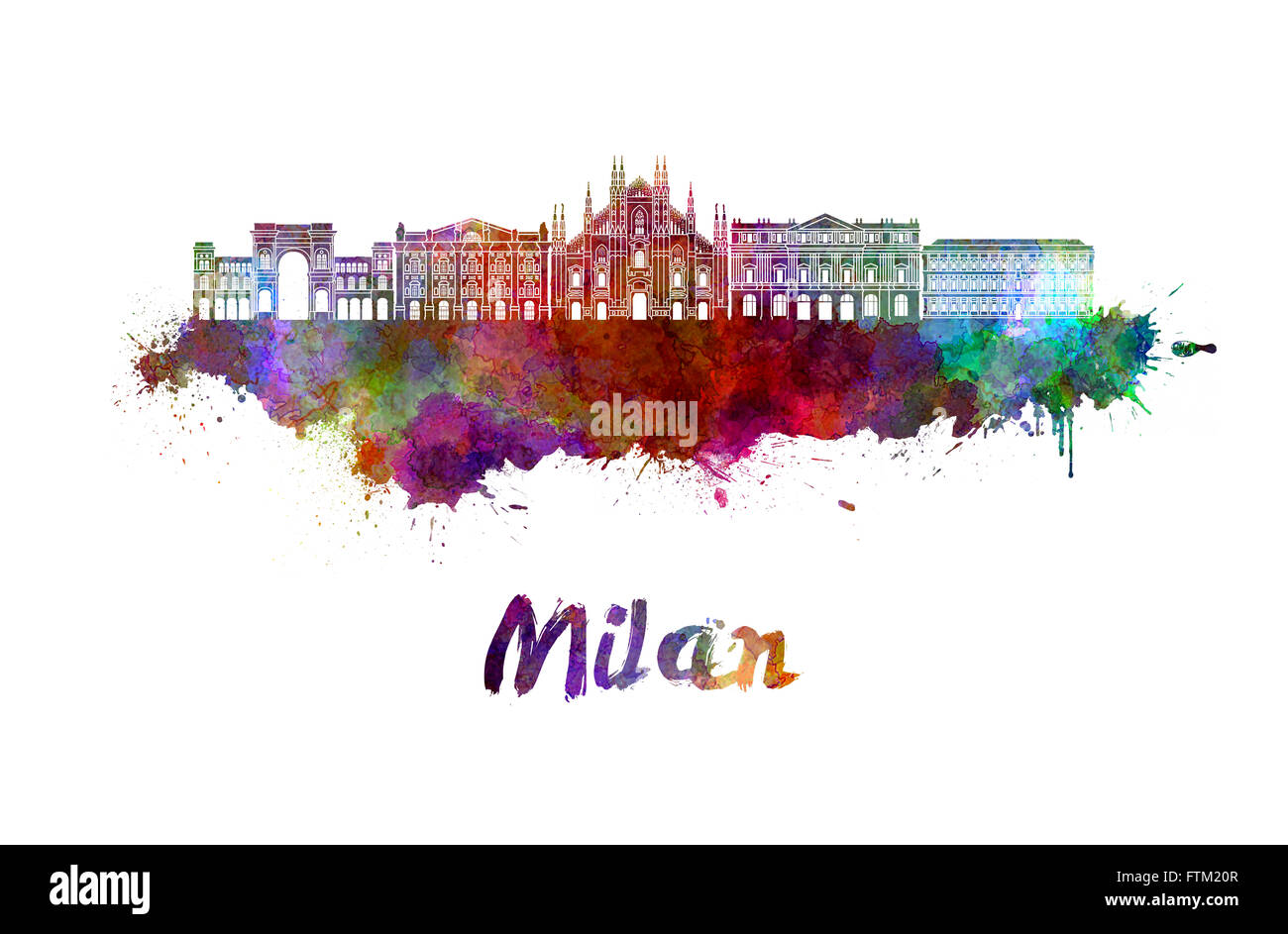 Milan skyline in watercolor splatters with clipping path Stock Photo