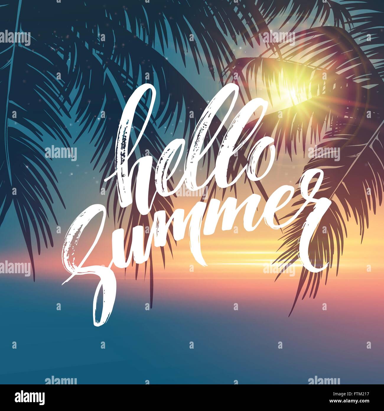 Hello Summer Background Tropical Palm Leaves Pattern Handwriting Lettering Palm Tree Branches Tropic Paradise Backdrop Vector Illustration Stock Vector Image Art Alamy