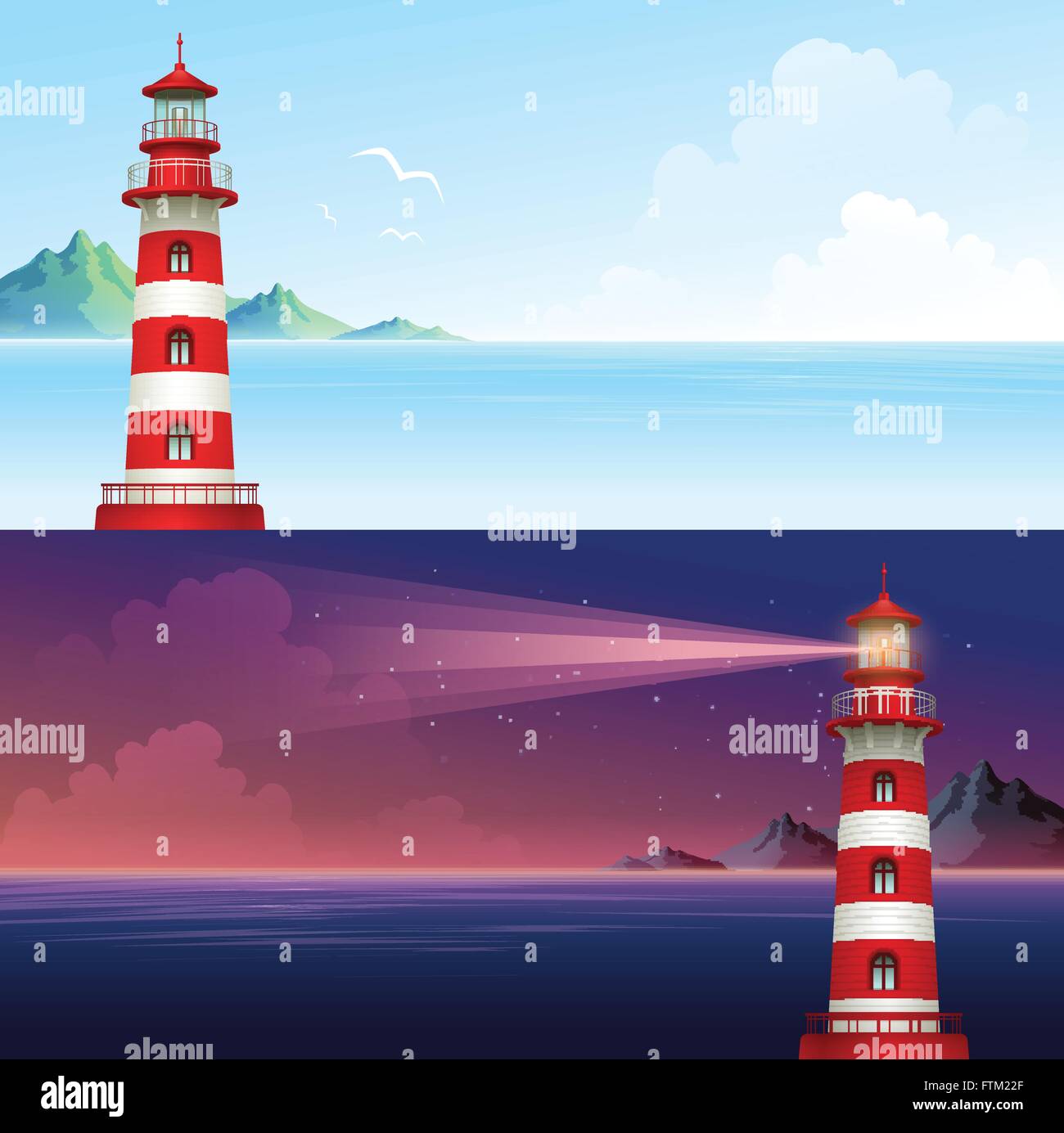 Lighthouse During Day And Night Horizontal Banner Set Vector
