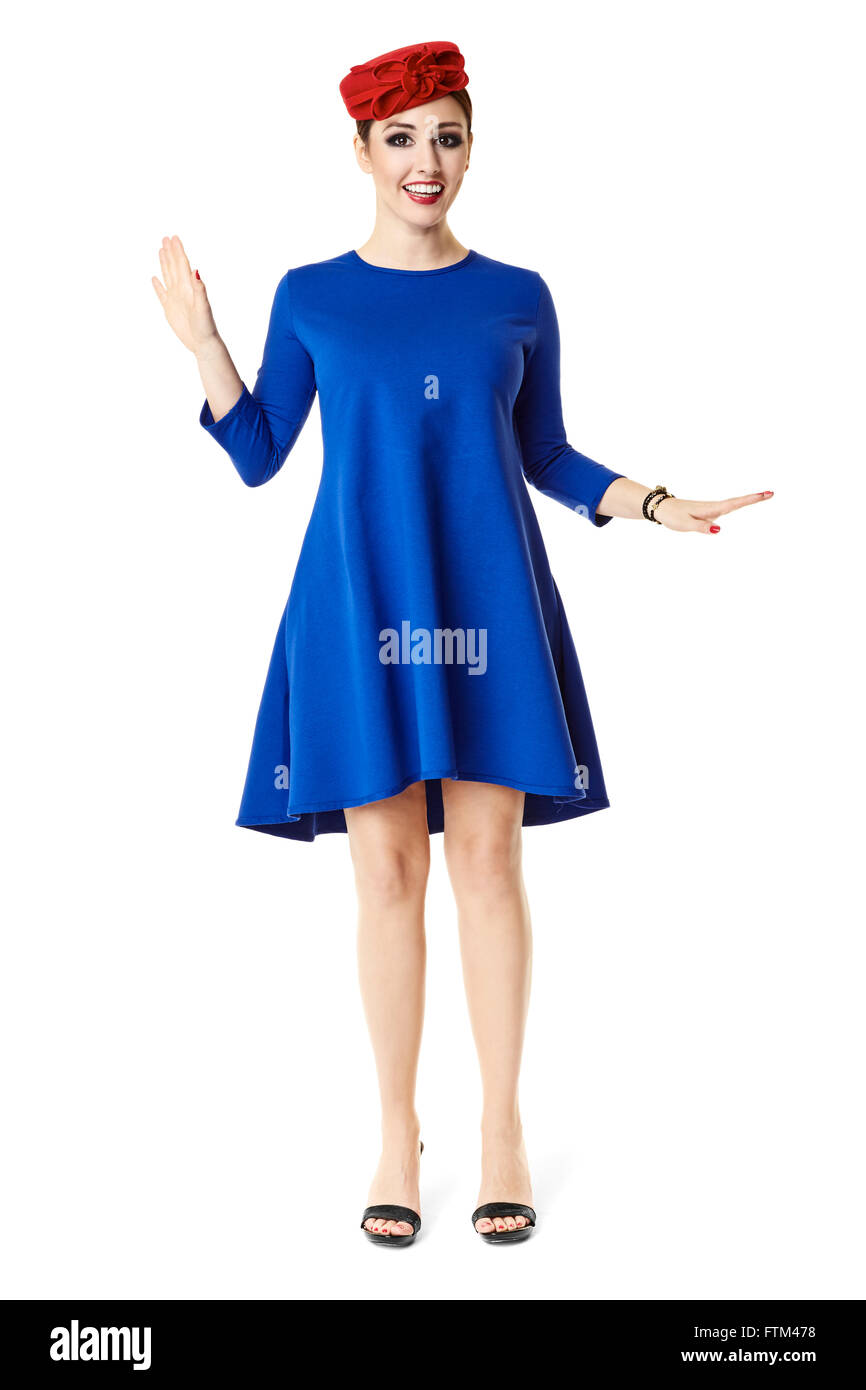 Full length portrait of attractive smiling woman in blue dress Stock ...