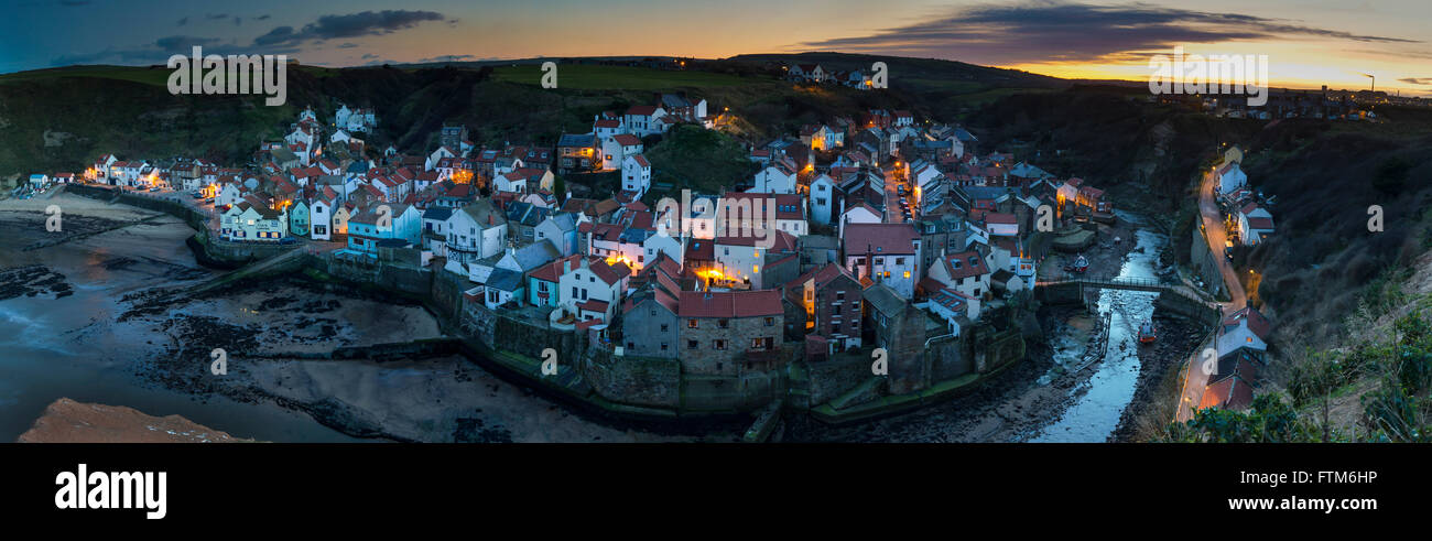 Panorama taken at Lighting up Time at Staithes North Yorkshire from Cowbar Stock Photo