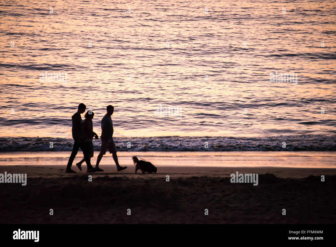 Silhouettes of people walking with a dog on a beach at sunset Stock Photo