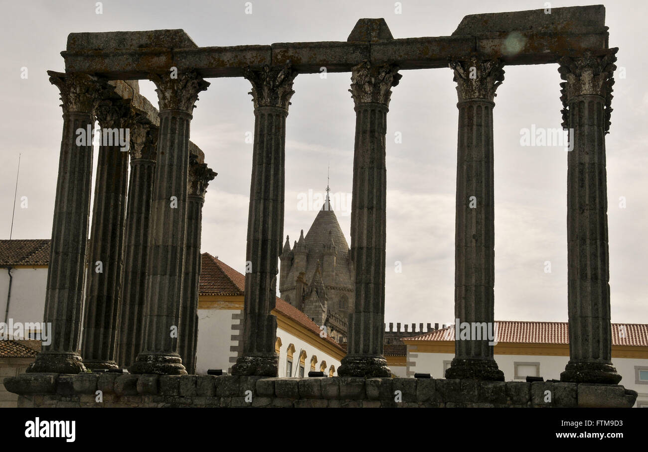 Roman Temple of Diana Temple-first century in the historical center of Evora Stock Photo