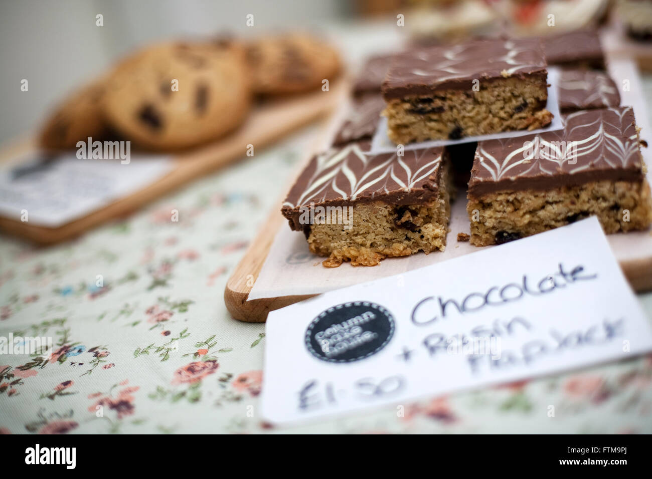 Chocolate and raisin flapjacks for sale in a bakery Stock Photo Alamy