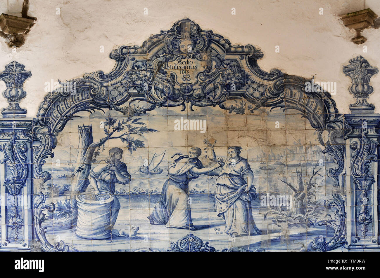 Detail of Portuguese tile panel from the cloister of the Church and Convent of San Francisco Stock Photo