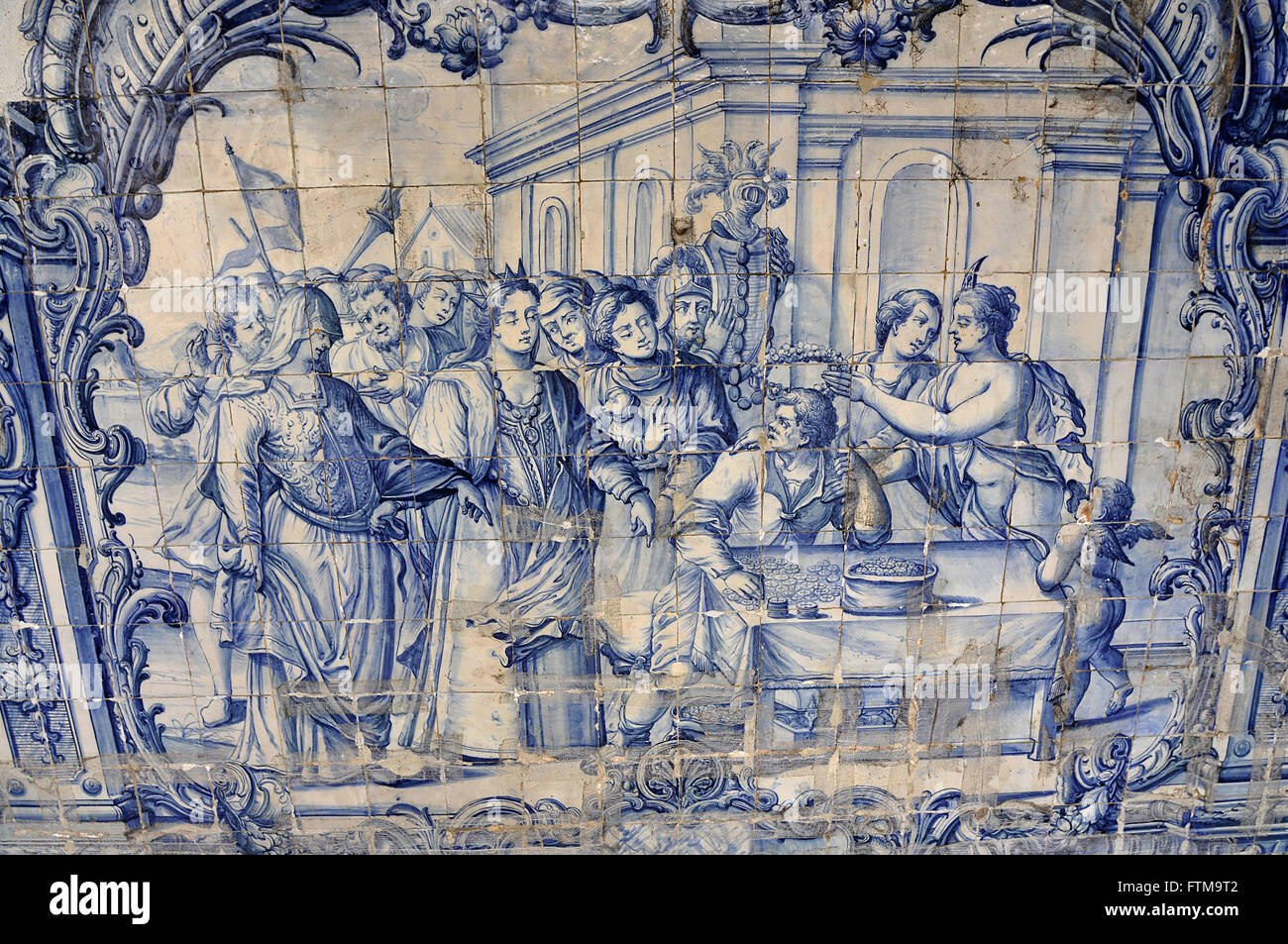 Detail of Portuguese tile panel from the cloister of the Church and Convent of San Francisco Stock Photo