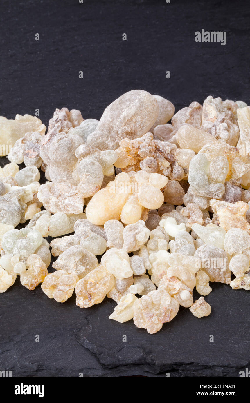 Frankincense is an aromatic resin, used for religious rites, incense and perfumes. Stock Photo
