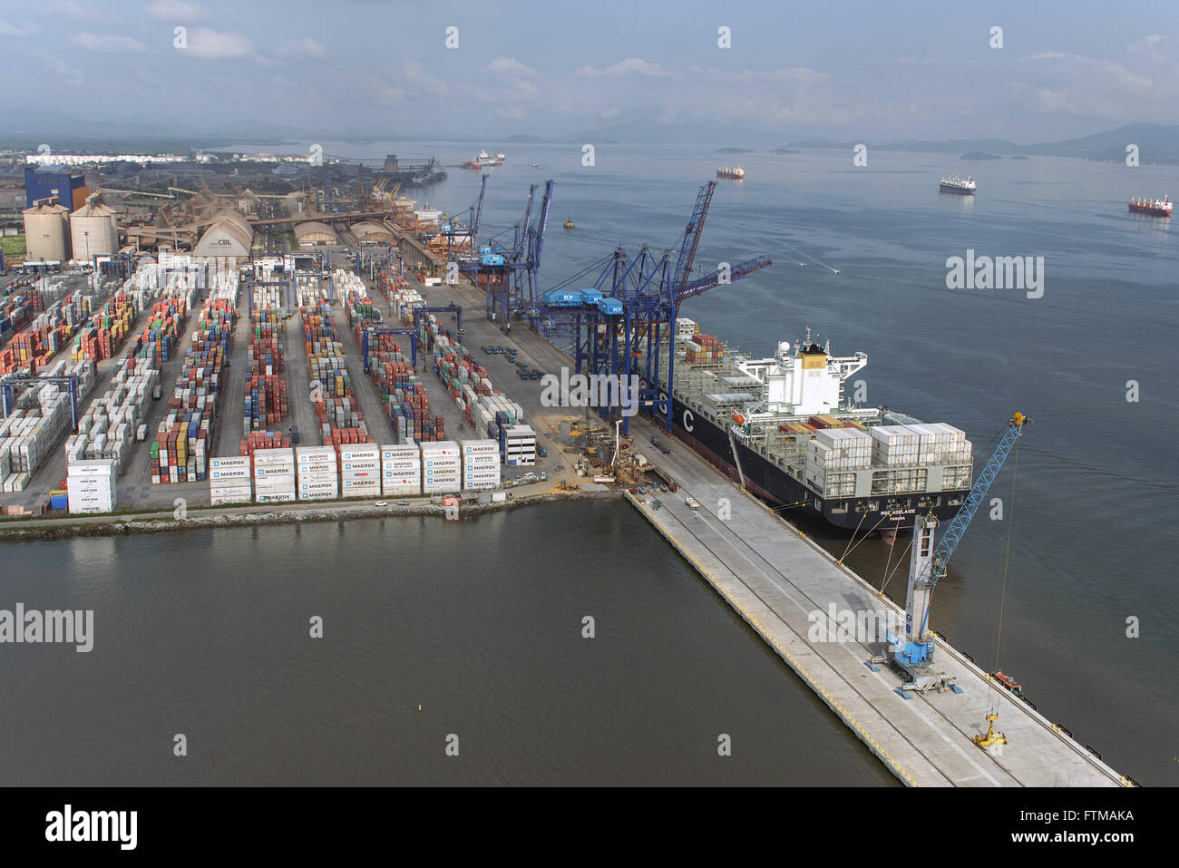 Aerial view of the container terminal of the port on the shore of the Bay of Paranagua Stock Photo