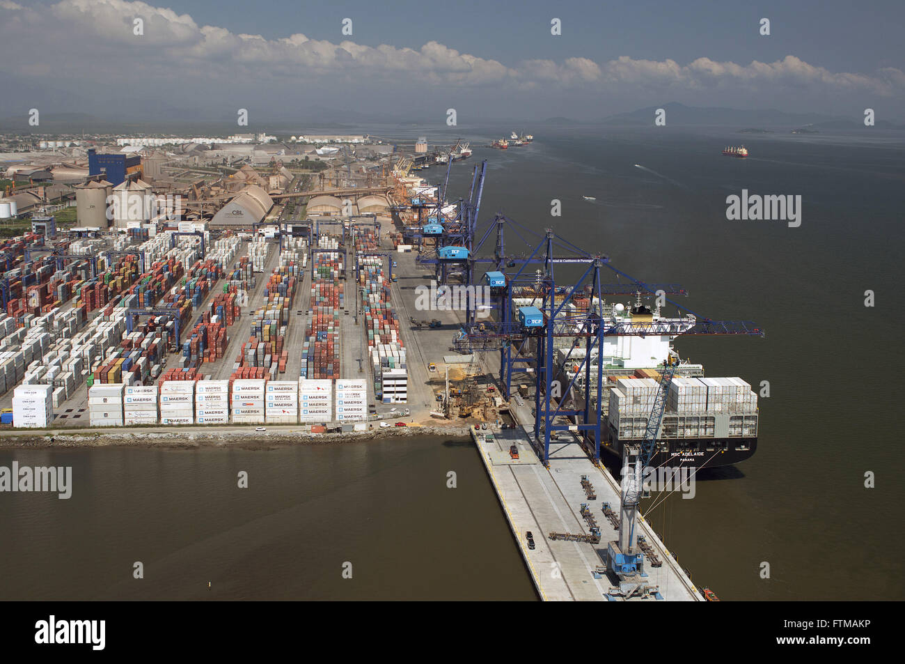 Aerial view of the container terminal of the port on the shore of the Bay of Paranagua Stock Photo