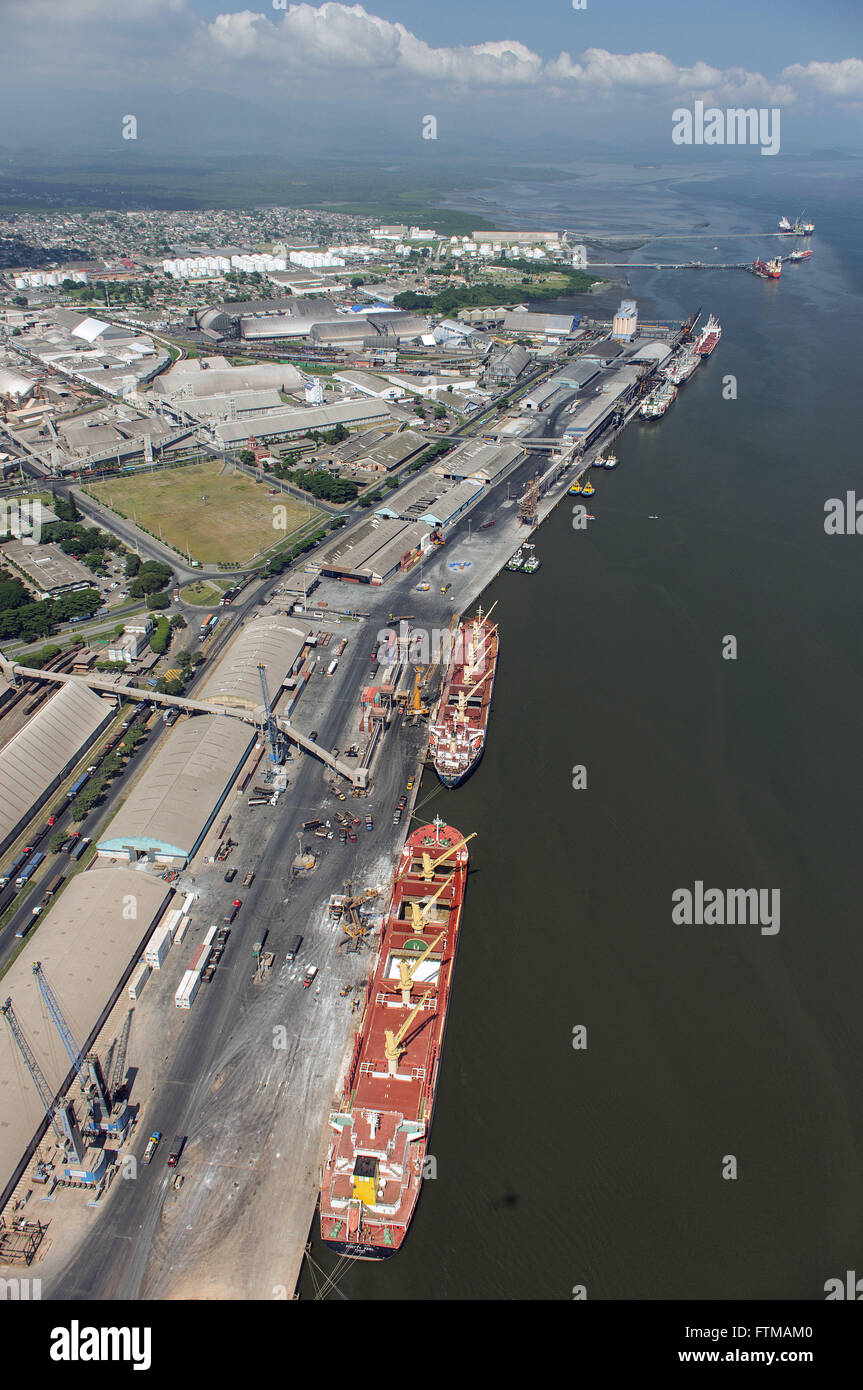 Aerial view of cargo ships moored in the harbor on the edge of Paranagua Bay Stock Photo