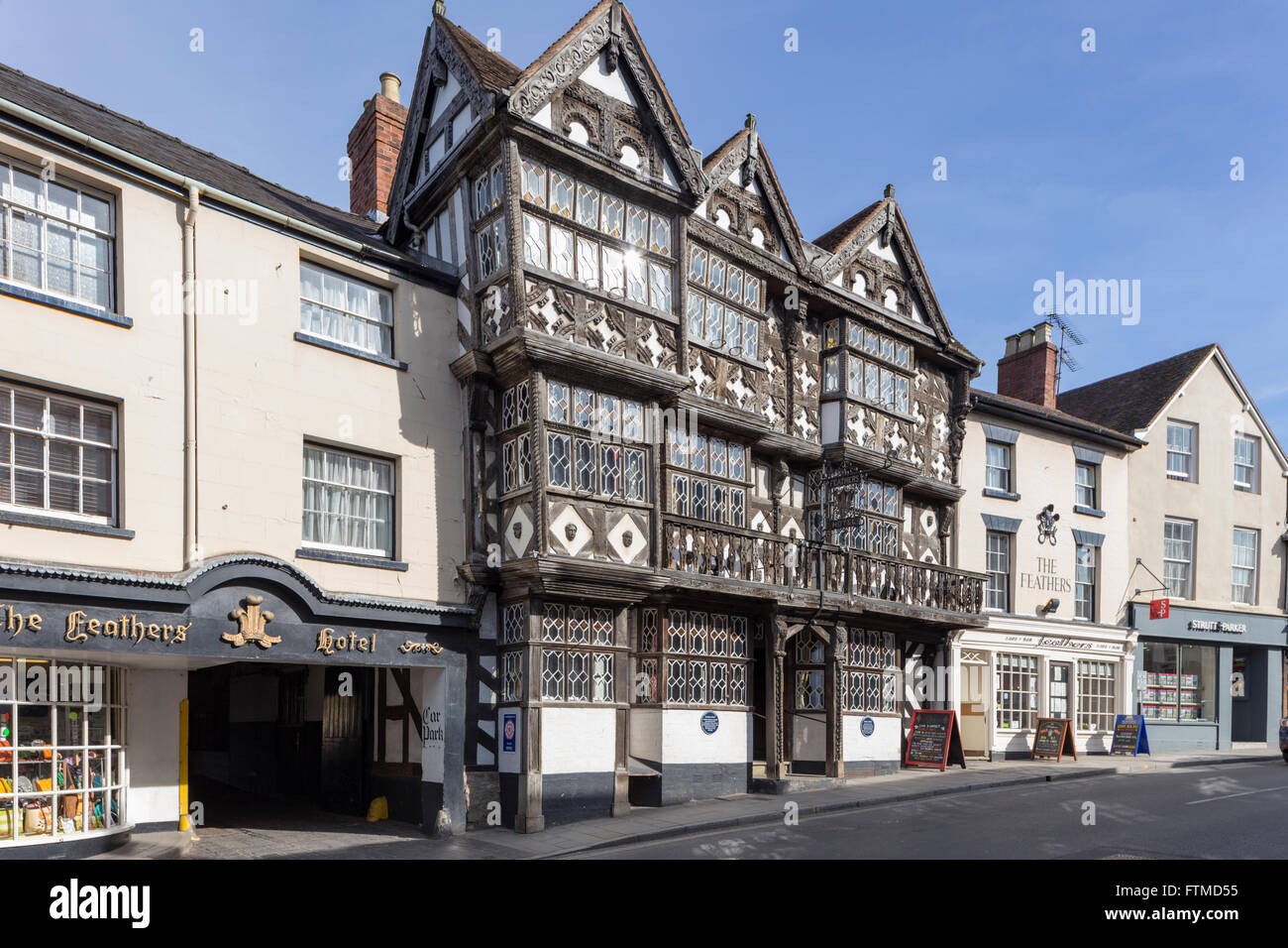 The Feathers Hotel in the Bull Ring, Ludlow, Shropshire, England, UK Stock Photo