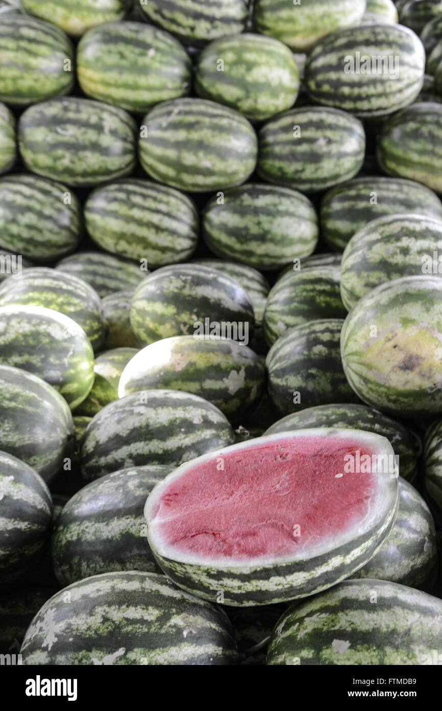 Watermelons at fruit stand in Manaus Market Stock Photo