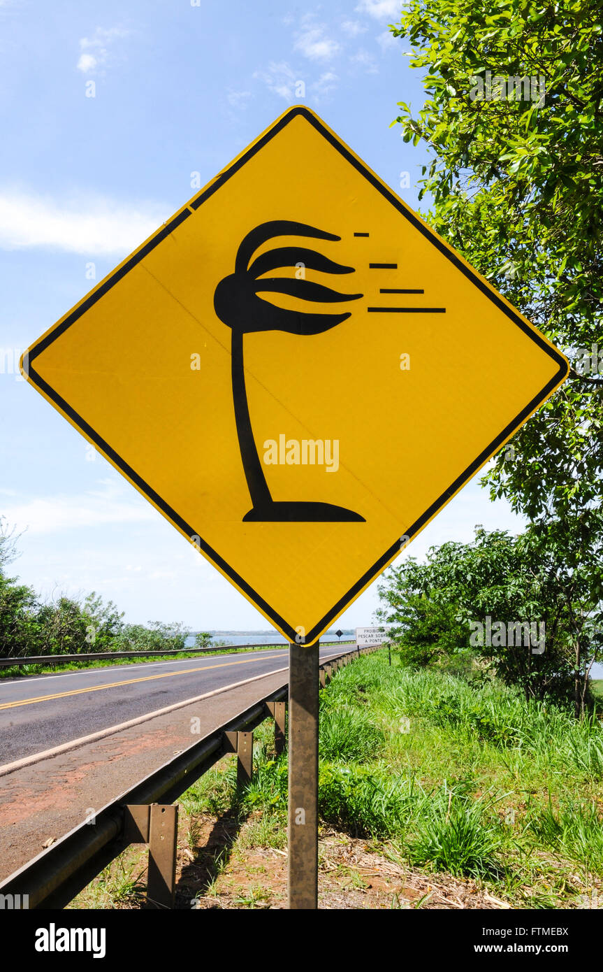 Signpost indicating crosswind on Highway Vicinal Councilman Dorival da Silva Lousada Stock Photo