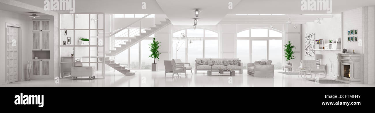 Modern white loft apartment interior, living room, hall, staircase, fireplace  panorama 3d rendering Stock Photo