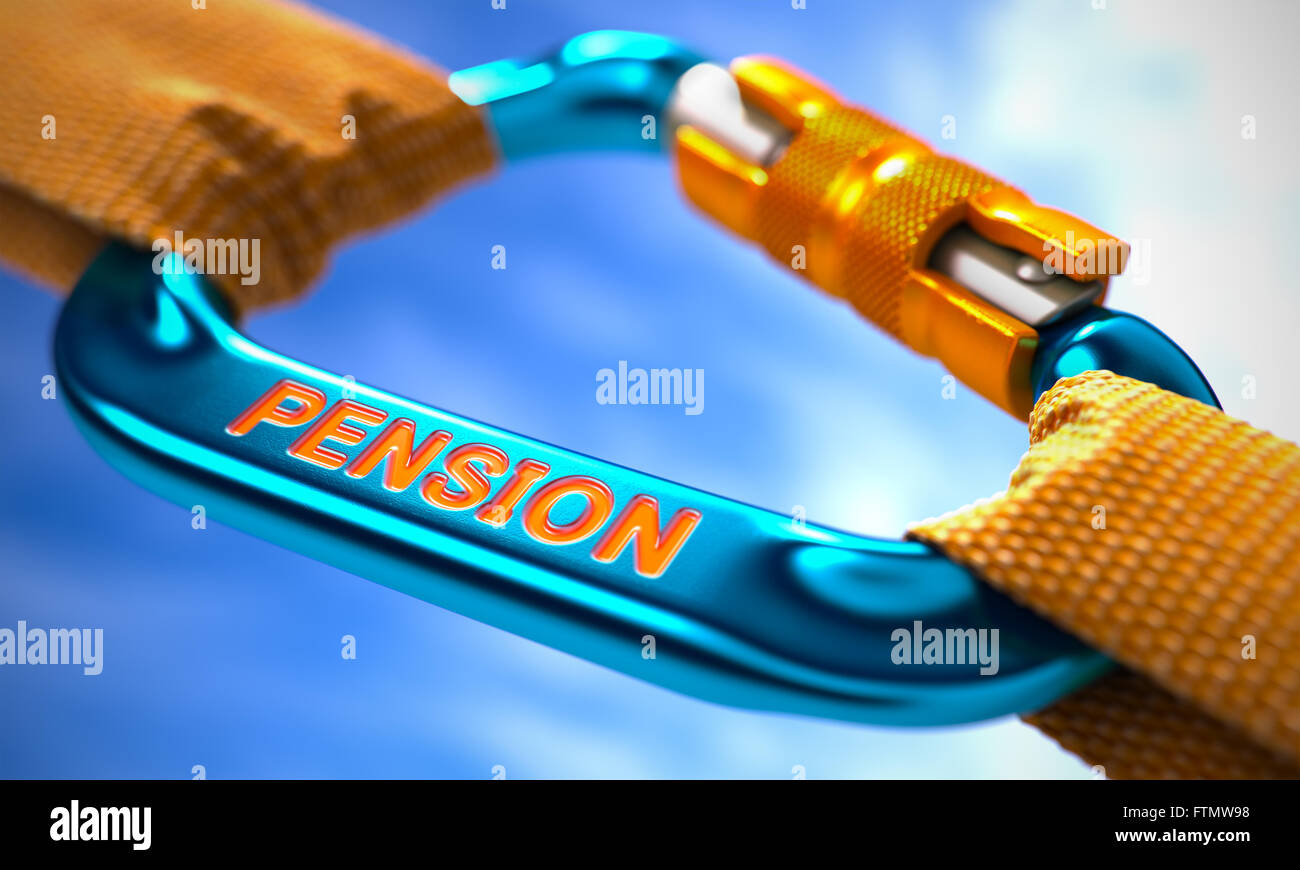 Blue Carabiner with Text Pension. Stock Photo