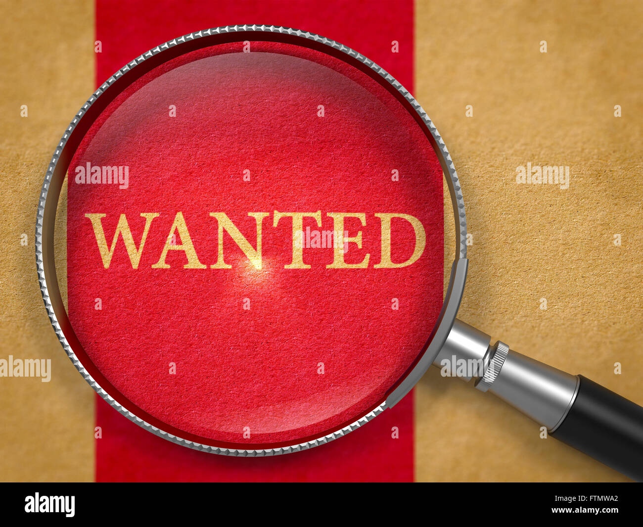 Wanted through Lens on Old Paper. Stock Photo