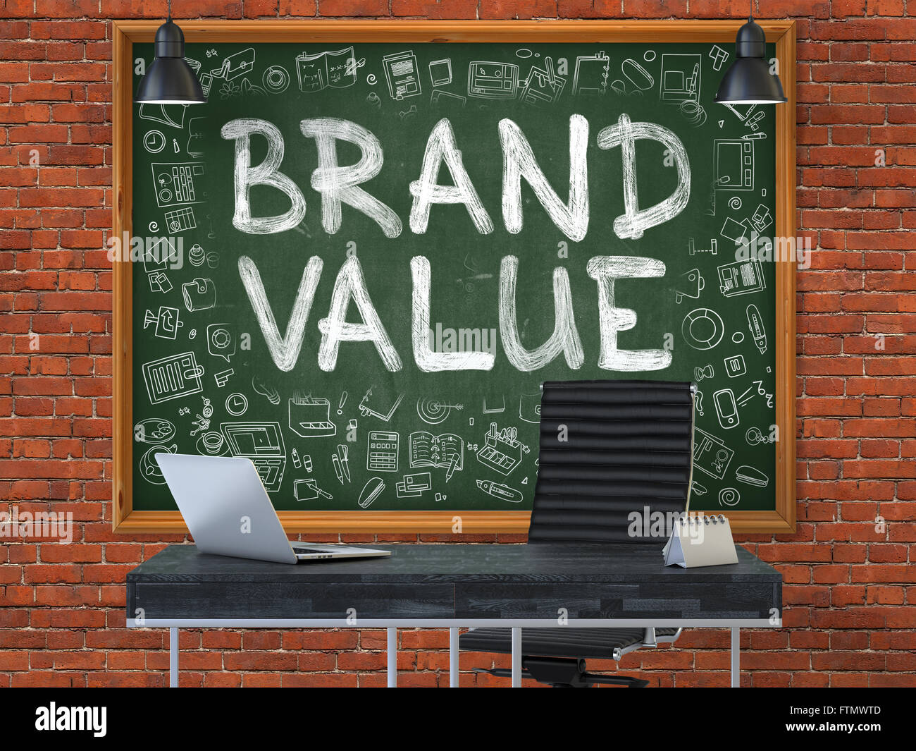 Brand Value on Chalkboard with Doodle Icons Stock Photo - Alamy